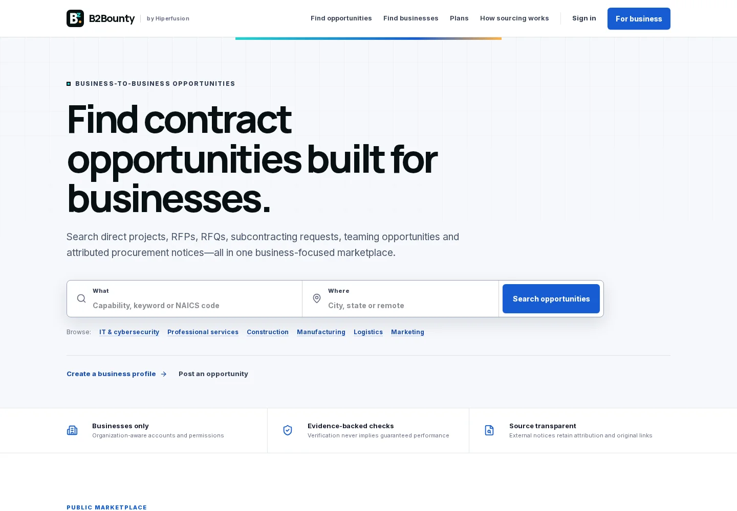 B2Bounty homepage with a business contract opportunity search.