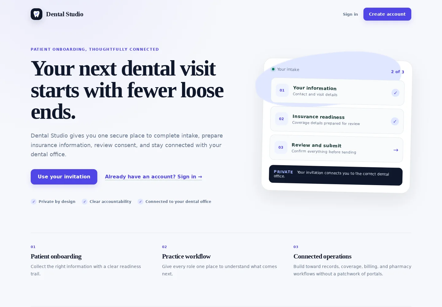 Dental Studio public homepage with patient onboarding and intake information.