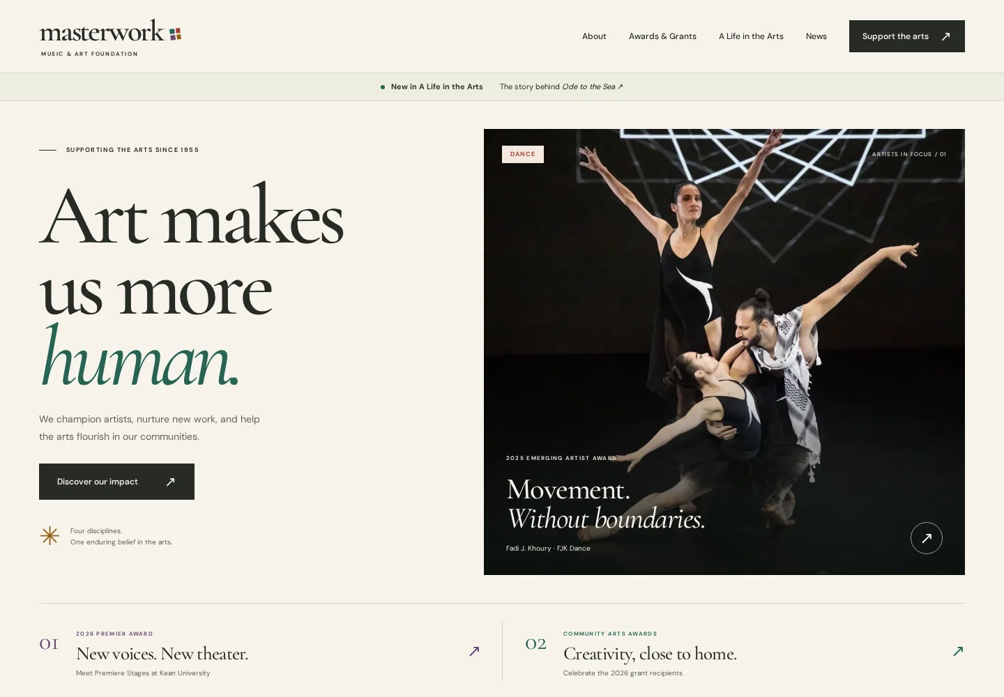 Masterwork concept homepage with arts-focused typography and a dance photograph.