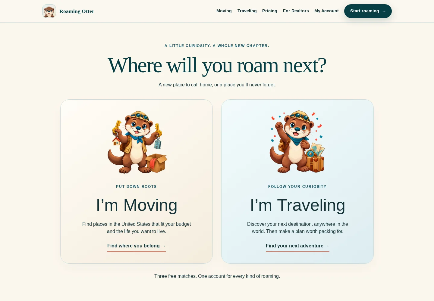 Roaming Otter homepage with illustrated otters and separate moving and travel paths.